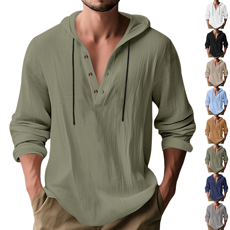 熱い販売メンズルーズリネン通気性フード付き無地長袖スウェット - Undershirt Crew Neck のレビューと価格